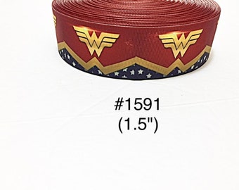 3 or 5 yard - 1.5" Super Hero Wonder Woman Star Motif Grosgrain Ribbon Hair bow