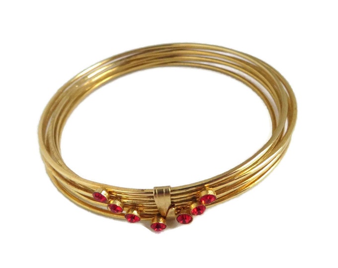Multistrand Gold Tone Rhinestone Bangle, Vintage Red Rhinestone Studded Bracelet, FREE SHIPPING