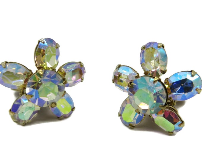 WEISS AB Rhinestone Snowflake Earrings, Vintage Clip-on Earrings