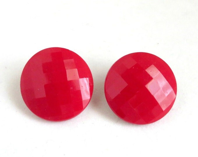 Vintage Red Button Earrings, Faceted Bead Clip-on Earrings