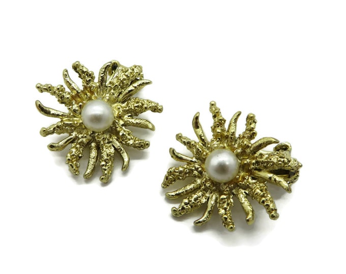 Sunburst Goldtone Earrings, Vintage Faux Pearl Earrings, Spiky Clip-on Earrings