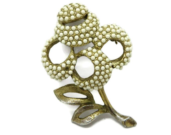 Vintage White Beaded Flower Brooch, Signed Kramer Gold Tone Floral Pin, Missing Beads