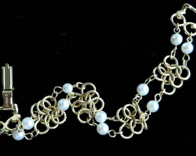 Goldette Bracelet, Vintage Faux Pearl, Gold Tone Link Bracelet, Gift for Her