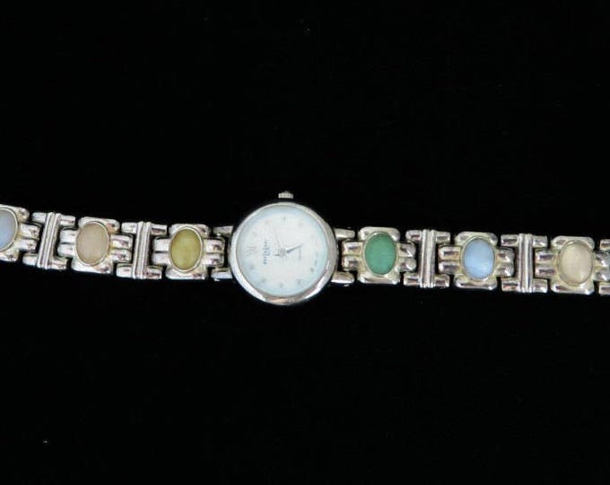 LA Express Vintage Ladies Watch, Semi-Precious Stones Bracelet, Silver Tone Wristwatch