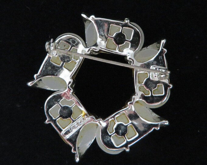 Kramer Brooch - Vintage White Moonstone Pin, Signed Designer Brooch, Crystal Baguette Wreath Pin, Gift Boxed