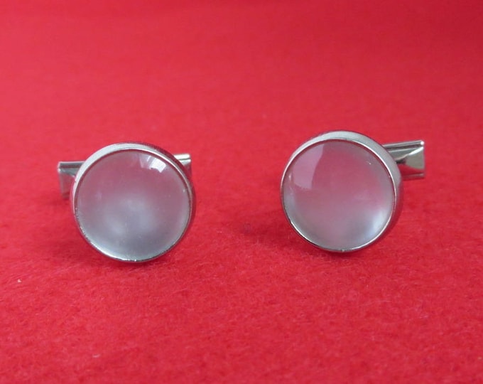 ON SALE! White Moonstone Cufflinks Vintage Silver Tone Round Cabochon Cuff Links Men's Formal Wear Suit Accessory Gift Idea