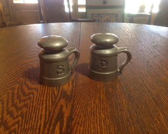 Vintage souvenir pewter salt and pepper shakers with handles- Country Ware