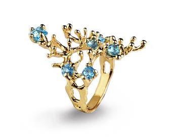 REEF Gold Blue Topaz Ring, Gemstone Ring, Gold Statement Ring, Organic Ring, Blue Topaz Engagement Ring