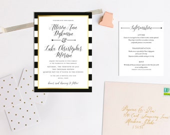 Traditional Black, White and Gold Wedding Invitation