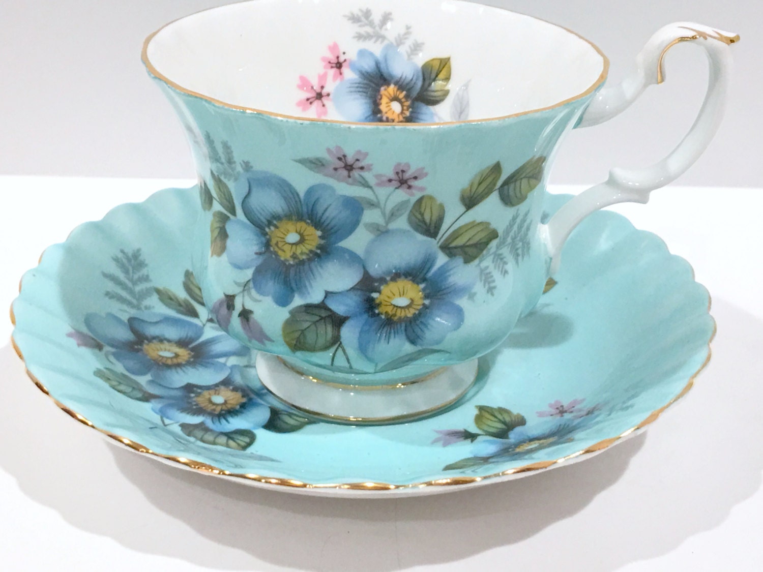Royal Albert Tea Cup and Saucer, English Bone China Aqua Blue Cups