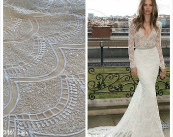 1 Yard Off- White Beaded Sequin Lace Fabric,Ivory Bridal Beaded Dress,Wedding Dress ,French Lace Fabric, Houte Couture Fabric,