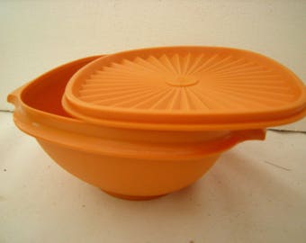 vtge tupperware bowl and lid-orange bowl-kitchen storage-kitchen and dining-serving piece-kitchenware-retro-