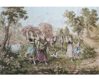 Large Vintage Tapestry French Country Peasant Scene Children Dogs & Horse