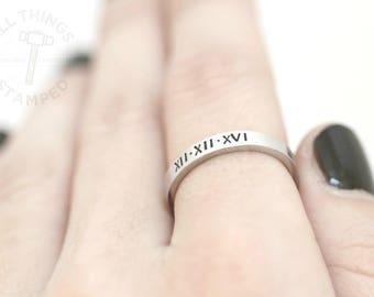 Personalized Rings - Roman Numeral Rings - Engraved Band - Stacking Ring - Hand Stamped - Silver Ring - Personalised Wedding Band - Gift for