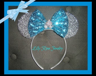 Sparkly Silver Cinderella Carriage Minnie Mouse Ears Inspired with Blue Sequin Bow Fits Adults and Children Ready to Ship Sparkle Ears