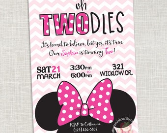 Minnie Mouse Birthday Invitation - Two Year Old - Can be customized for any age- Digital File, Your Print 5x7 or 4x6