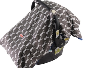 Baby Car Seat Cover For Boys By Danha – Carseat Canopy – Gray Color With Deer Head Pattern, Nursing Cover, Blanket And Changing Pad