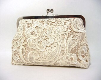 Champagne Lace Bridal Clutch, Satin Bridal Purse, Ivory Lace Bridesmaid Clutch Eight inch Frame,