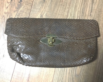 Vintage Snake Skin Clutch, Antique Snake skin purse, 30s or 40s brown handbag, Snake skin bag