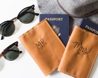 Mr & Mrs Leather Passport Cover, Anniversary, Wedding Gift, Honeymoon, Travel Accessory, Cognac Leather, Burned Calligraphy, Personalized