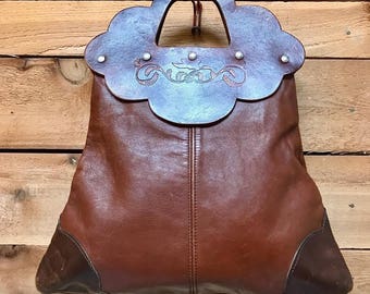 Vintage 1970s Large Tooled Leather Clutch Vtg 70s Brown Handcrafted Tote Handbag with Sparrow Detail Studded Handle