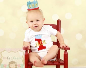First Birthday Boys Shirt King Crown Embroidered ANY COLOR Bodysuit Personalized Custom Name