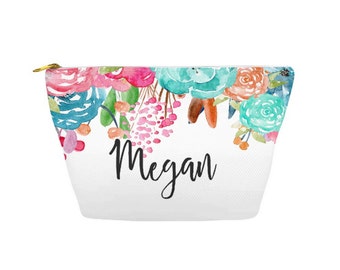 Personalized Make Up Bag, Cosmetic Case, Carrying Pouch, Accessory Pouch 12.5"x8.5" or 8.5"x6" Floral watercolor, Gifts