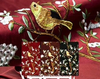 Solid Pure Silk fabric, embroidery bird, floral, leaf, branch pattern, dupion, shantung, sew for dress, craft by the yard