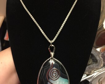 Blue agate stone pendant necklace~ Agate necklace~ Boho necklace