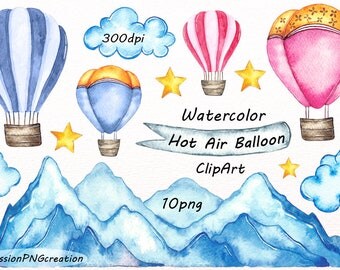 Watercolor Hot Air Balloon Clipart, PNG, Card making, Digital watercolor clip art, Mountain, For Personal and Commercial use