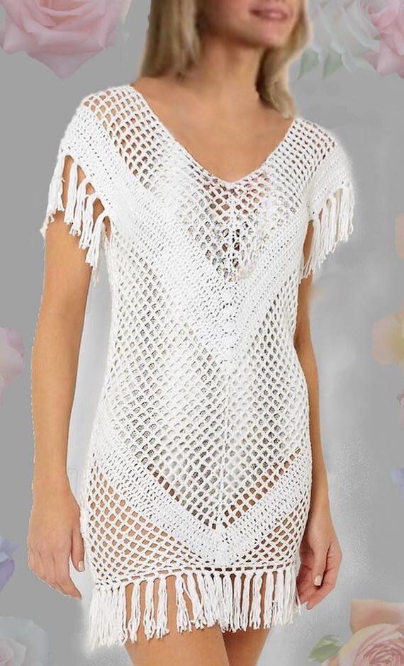 Stunning Crochet Dress with Fringe Hem White Summer Fashion Swimsuit Cover Slim Look