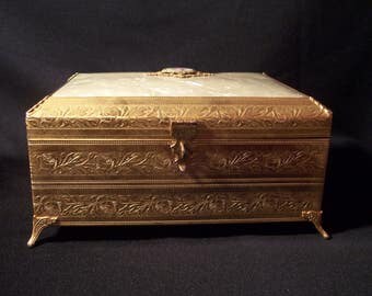 Vintage Brass 1920's Music Box w/Red Velvet Interior