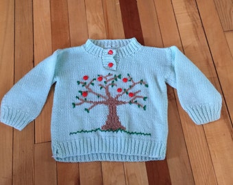 Vintage 1980s Toddler Boys Girls Green Apple Tree Knit Sweater! Size 2