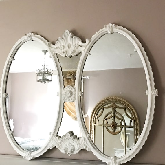 Large Oval Baroque Mirror Bathroom Vanity White Distressed