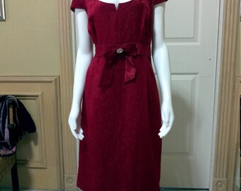 Vintage Garnet Red Brocade Short Evening Dress/ Fromal Dress/ Graduation,Wedding,Engagement Dress by Sandra Darren size S/M