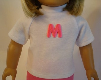 Personalized Monogrammed Initial Shirt for American Girl Dolls and 18-inch Dolls – White Knit Top With Hot Pink Initial