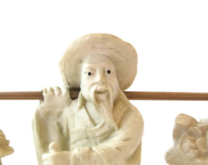 Antique Chinese Sculpture Statue Fisherman with Fish Baskets / Asian Statuette Figure / Hand Carved Chinese Fisherman Teen