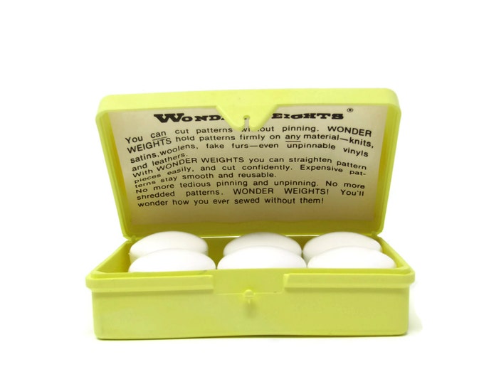 The Original Wonder Weights - Sewing Supplies - Fabric Weights - Six Vintage Sewing Pattern Weights Yellow Case