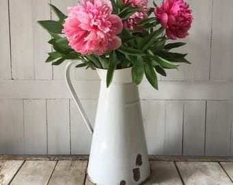 French Vintage Big White Enamel Pitcher
