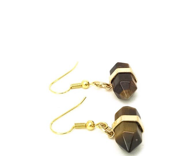 Tigers Eye Earrings, Gold Tiger Eye Drops, Tigers Eye Gemstones, horizontal tiger eye earrings, brown gemstone