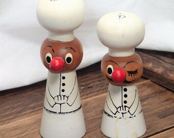 Wooden Salt and Pepper Shakers Vintage, Little Chefs Salt and Pepper Shakers, Unique Salt and Pepper Shakers, Chef Salt and Pepper Shakers
