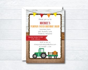 Pumpkin Patch Tractor Birthday Invitations - Pumpkin Patch Birthday Invitations - Tractor Birthday Invitations - Printable File