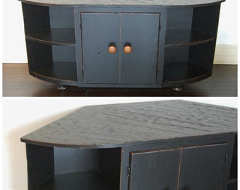 FREE SHIP - Rustic Black Corner Cabinet - TV Stand Entertainment Center - Large Chippy Weathered Primitive Farmhouse Style Solid Wood Wooden