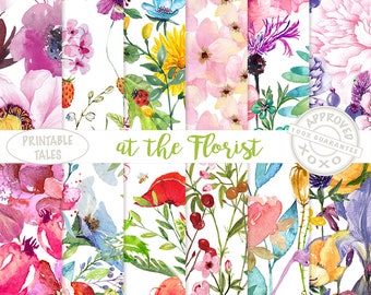 Watercolor Flowers Digital Paper, Floral Papers hand painted poppy iris rose dandelion buttercup hyacinth passion flower - Blooming Pages