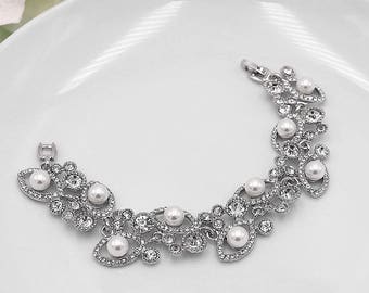 Bridal bracelet, Pearl wedding bracelet, rhinestone pearl bracelet, crystal ivory white pearl bracelet, bridal jewelry, wedding 512405615