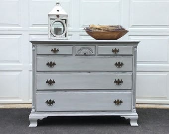 Hand Painted Dresser, Grey Distressed Chest of Drawers, Cottage Chic Buffet, Server, Farmhouse Decor