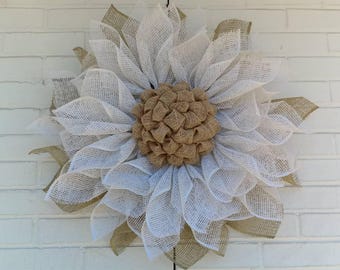 Country White Poly Burlap Sunflower Wreath