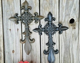 Wall cross, cast iron cross, Fleur de Lis, rustic cross, ornate cross, metal cross, layered cross, cross wall decor, iron anniversary