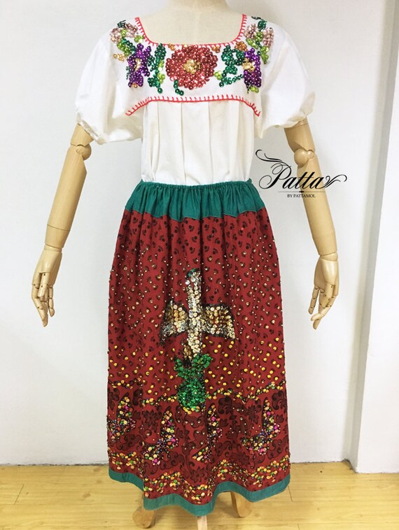 Vintage Mexican traditional hand embroidered dress sequin