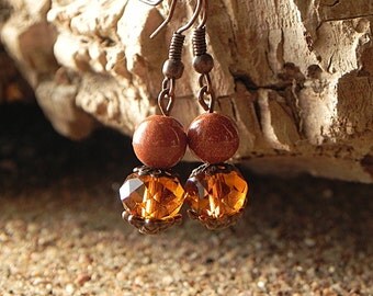 Brown Copper Earrings Bohemian Earrings Crystal Earrings Simple Brown Earrings Brown Glass Earrings Brown Copper Jewelry Glass Bead Earrings